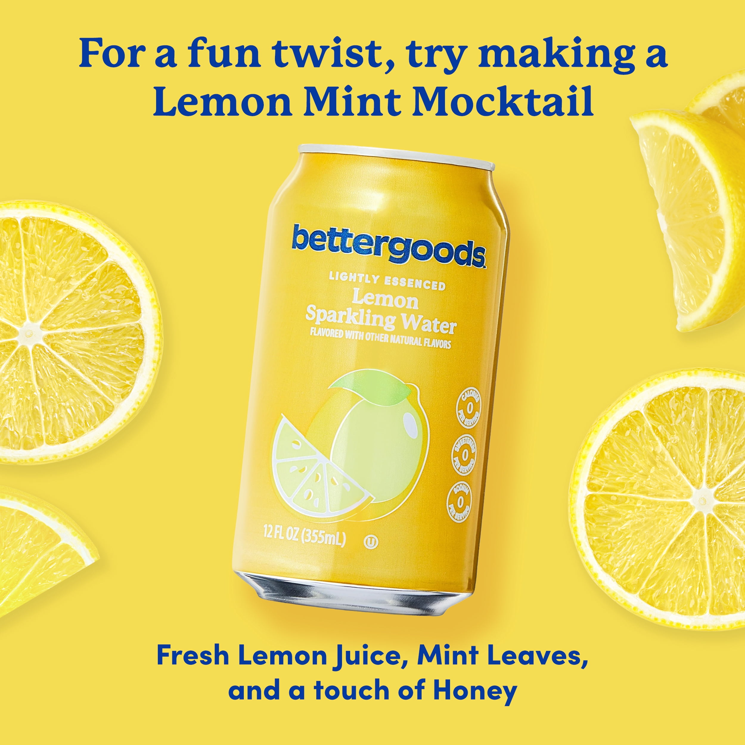 (3 pack) bettergoods Lemon Flavored Sparkling Water, 12 fl oz, 8 Cans