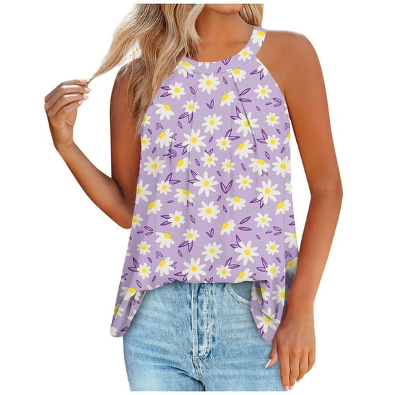 TDYHUAO Summer Halter Neck Tank Tops for Women Floral Printed Pleated Loose Fit Sleeveless Tops Trendy Flowy Tunic Blouses