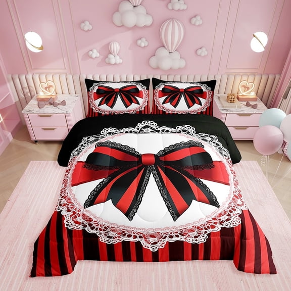 Erosebridal Lace Bow Comforter Sets Twin Size, Romantic Bowknot Comforters & Duvets, Geometric Striped Decor, Microfiber 2-Piece