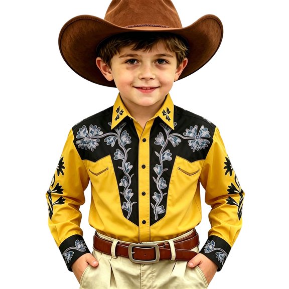 KHONTS Boys Western Cowboys Shirts for Kids Button down Printed Casual Collared Shirts,Size 4-13 Years Yellow 170
