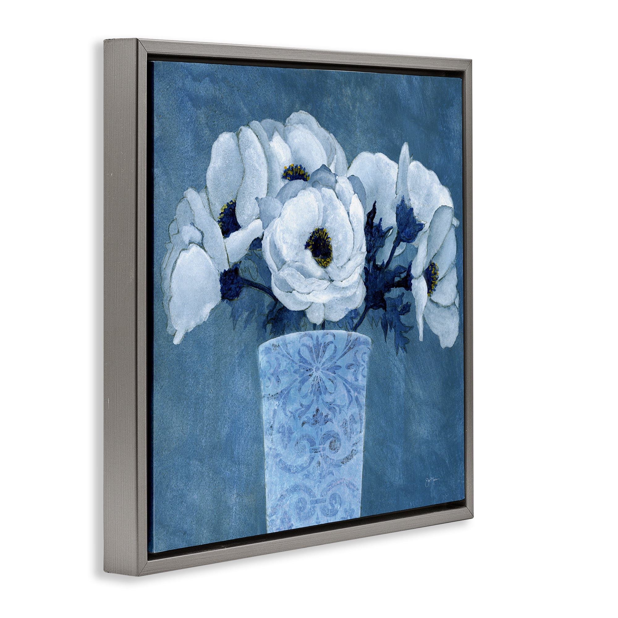 Stupell Industries Patterned Vase Flowers Plants & Flowers Painting Gray Floater Framed Canvas Art Print Wall Art, 18 x 18