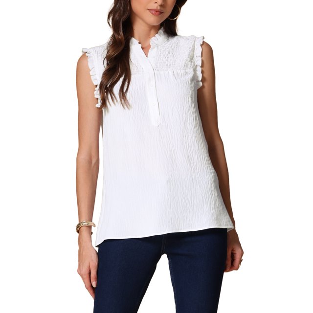INSPIRAR CHIC Top sin mangas de verano con volantes para mujer, cuello alto, botones, tops casuales M Blanco
