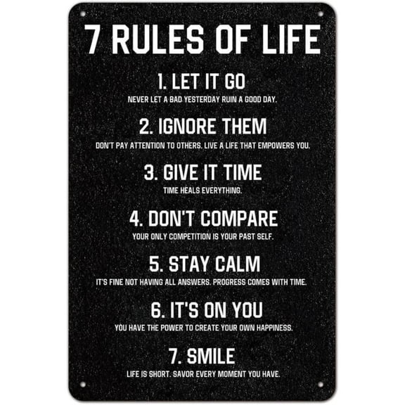 HELLOYOUNG 7 Rules Of Life Motivational Sign - 8X12 Inch Aluminum Metal Wall Art For Home, Office, Classroom, Bedroom - Durable Inspirational Quote Decor