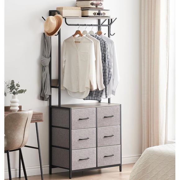 Homhougo Clothes Rack With 6 Drawers, Storage Organizer With Metal Frame and Wooden Top Industrial Garment Rack With Hanging Rods & 4 Side Hooks Adjustable Wardrobe Storage Closet for Bedroom, Grey