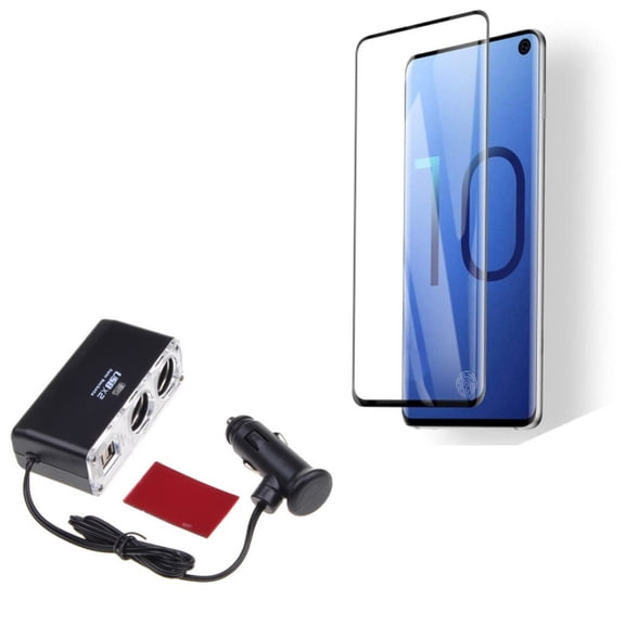 Galaxy S10  DC Socket Car Charger Splitter w Tempered Glass Screen Protector - 2-Port USB Power Adapter, [Fingerprint Works] 3D Curved Edge Full Cover for Samsung Galaxy S10