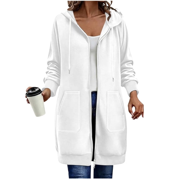 RQYYD Womens Long Hoodie Zip Up Long Sleeve Drawstring Hooded Sweatshirt Jacket Knee Length Coat With Pockets
