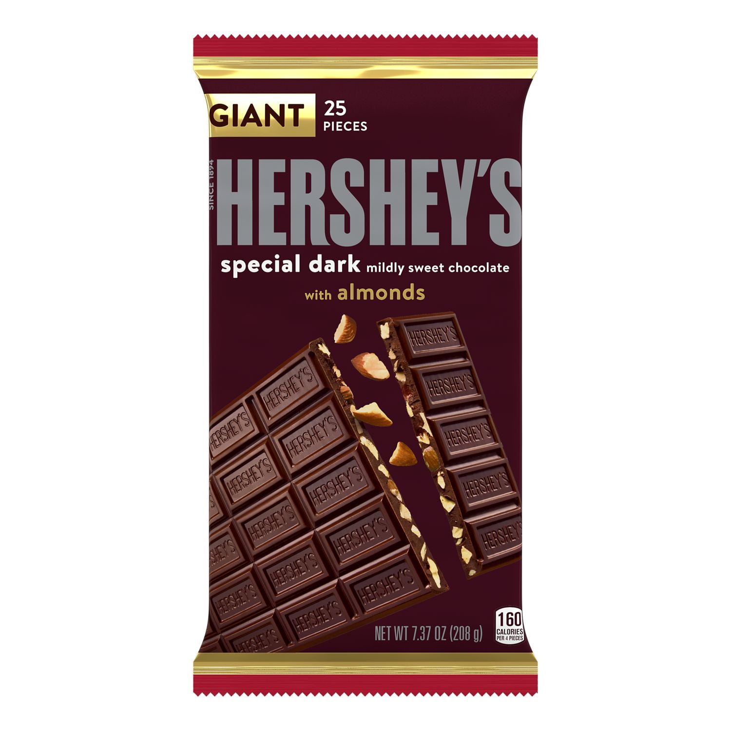 HERSHEY'S, SPECIAL DARK Mildly Sweet Chocolate with Almonds Giant Candy, 7.37 oz, Bar (25 Pieces)