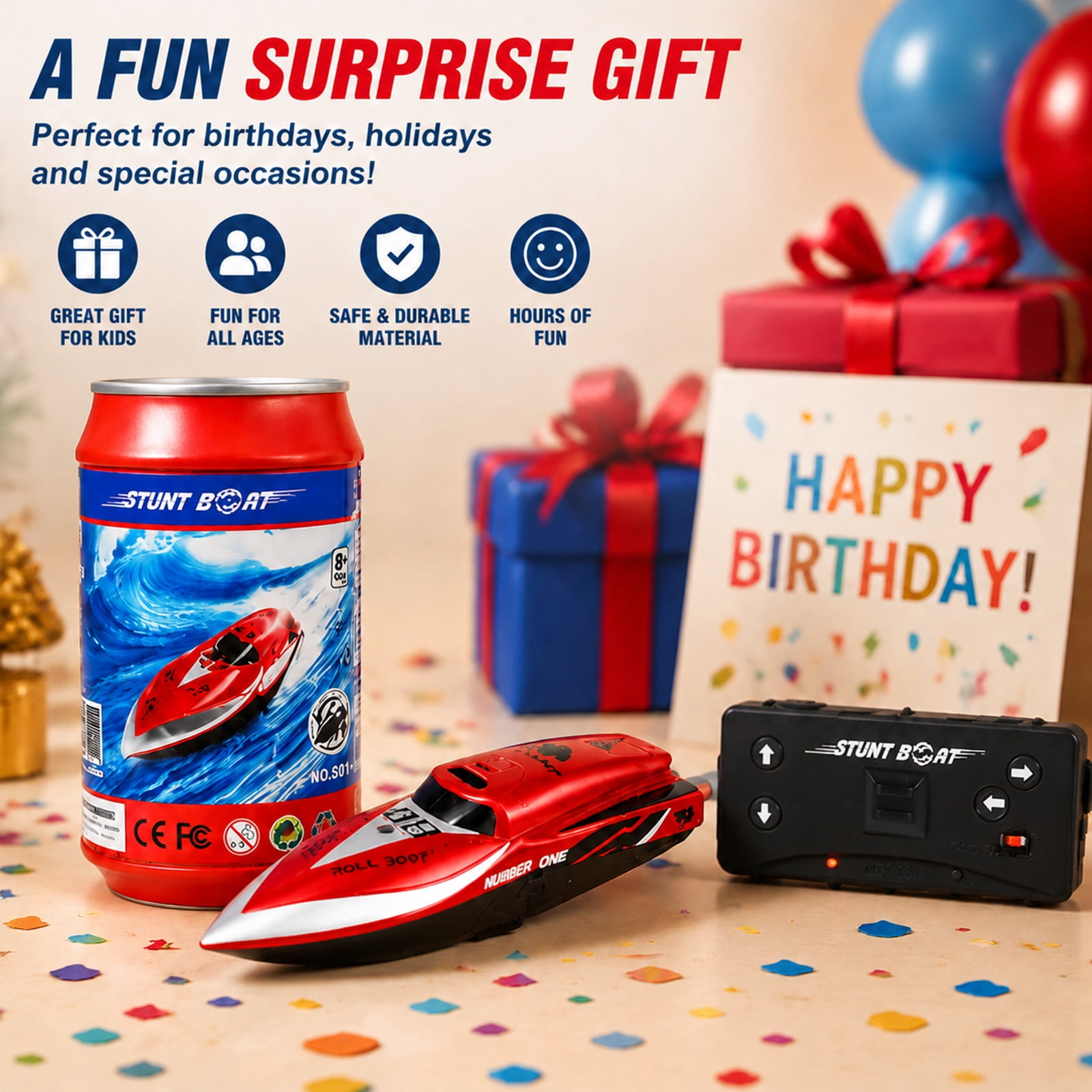 Funtogether toys Mini RC Boat 2.4Ghz Remote Control Watercraft with Rechargeable Battery, Red