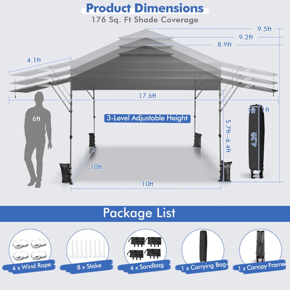 Aimee Lii 10 x 17.6 Feet Outdoor Instant Pop-up Canopy Tent with Dual Half Awnings, Backyard Canopy Gazebo for Party Camping BBQ Events, Gray