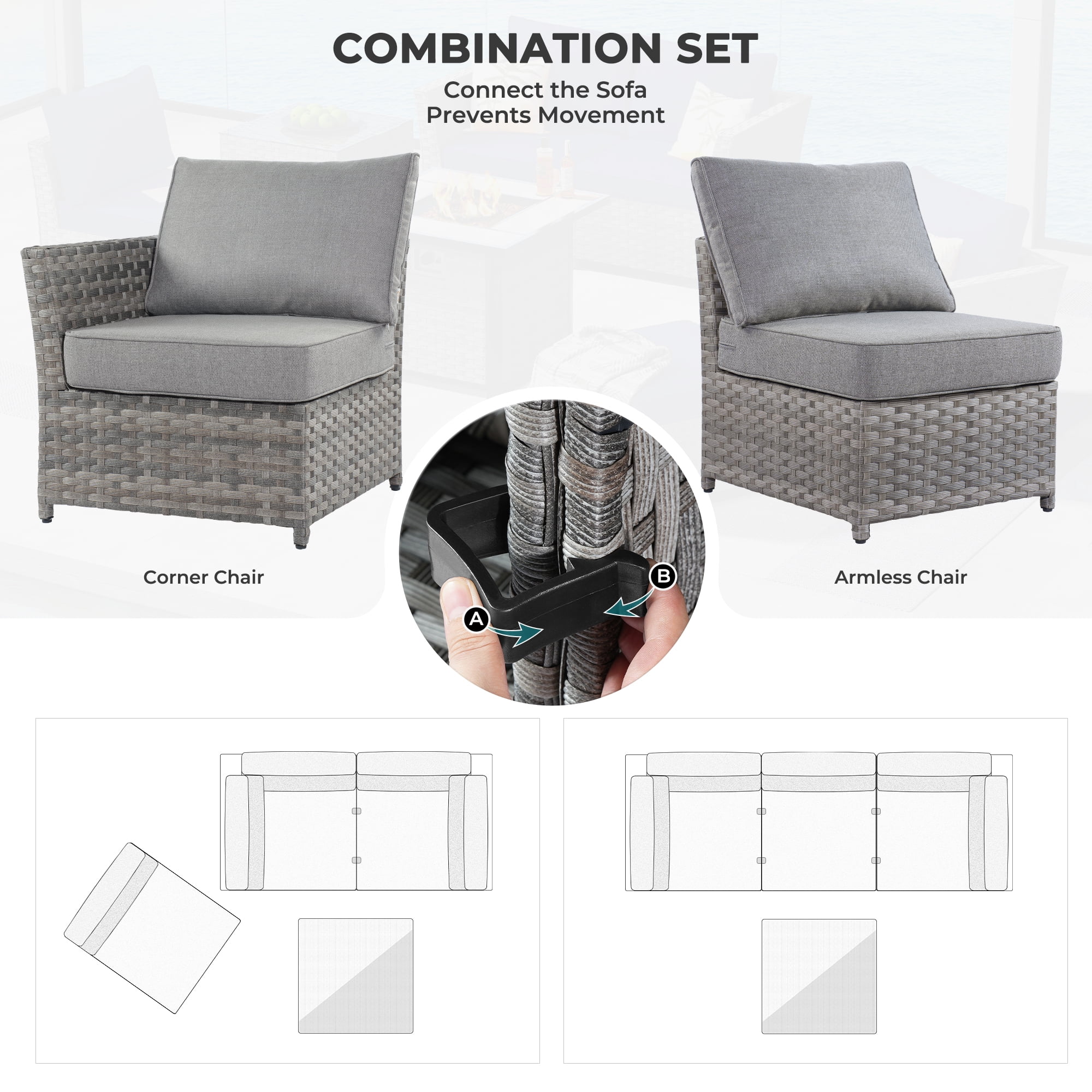 XIZZI 6-Pieces Outdoor Patio Furniture Sets Fully Assembled, Rattan All-weather Outdoor Sectional Conversation Sofa set with Coffee Table for Garden Backyard, Grey Cushion