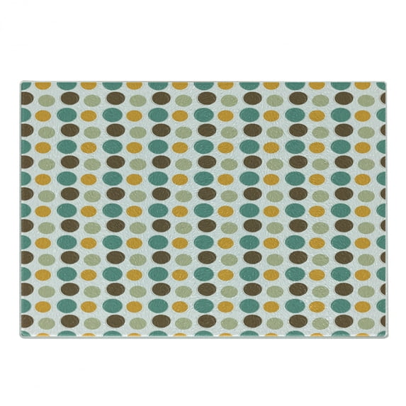 Retro Cutting Board, Different Colored Hand Drawn Spots Dots Circles Abstract Repeating Geometric Pattern, Decorative Tempered Glass Cutting and Serving Board, Small Size, Multicolor, by Ambesonne