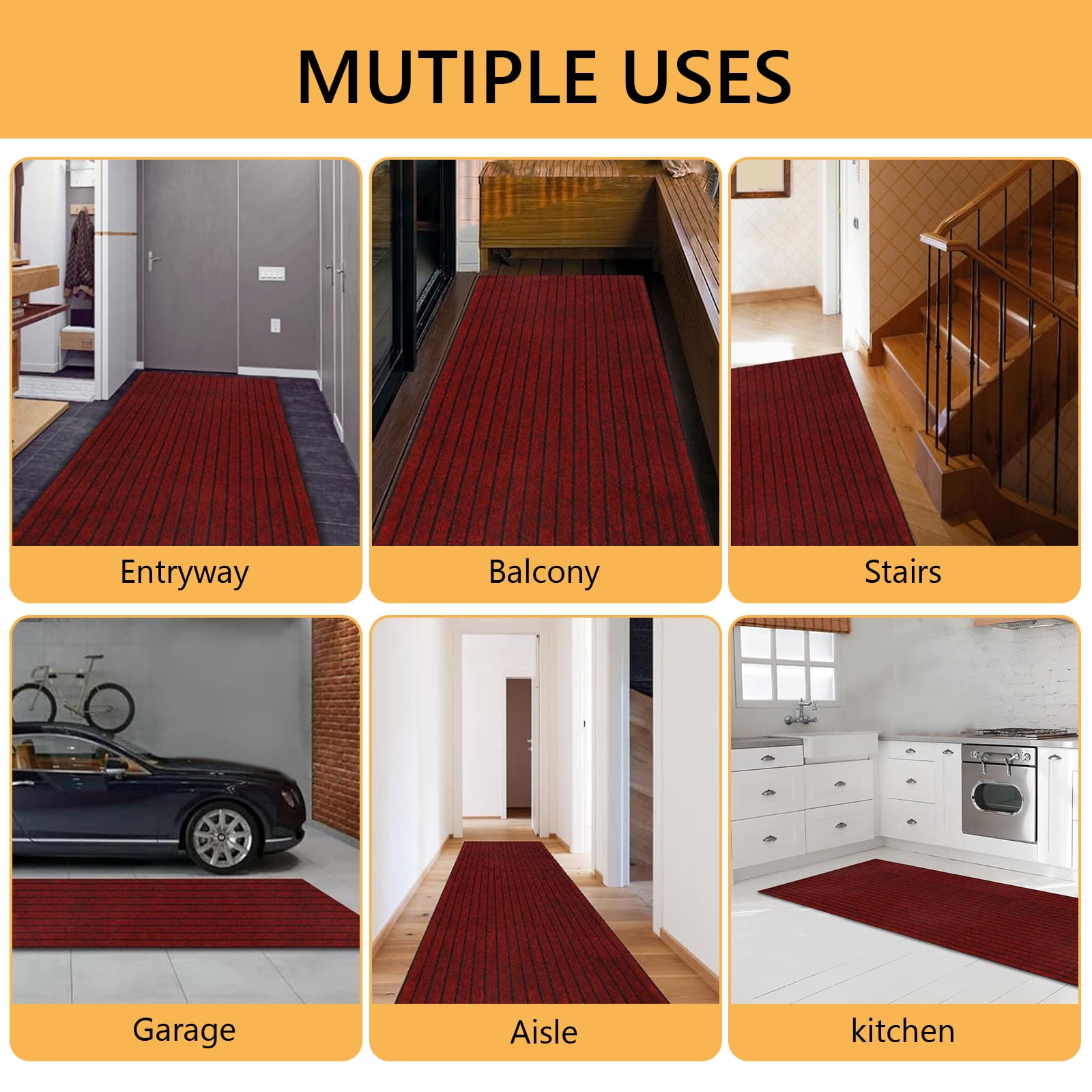 Hengbo Indoor Outdoor Runner Carpet 2 x 6 ft Runner Rugs Rubber Backing Rug Runner Carpet for Hallway Entryway Kitchen Laundry Room Red