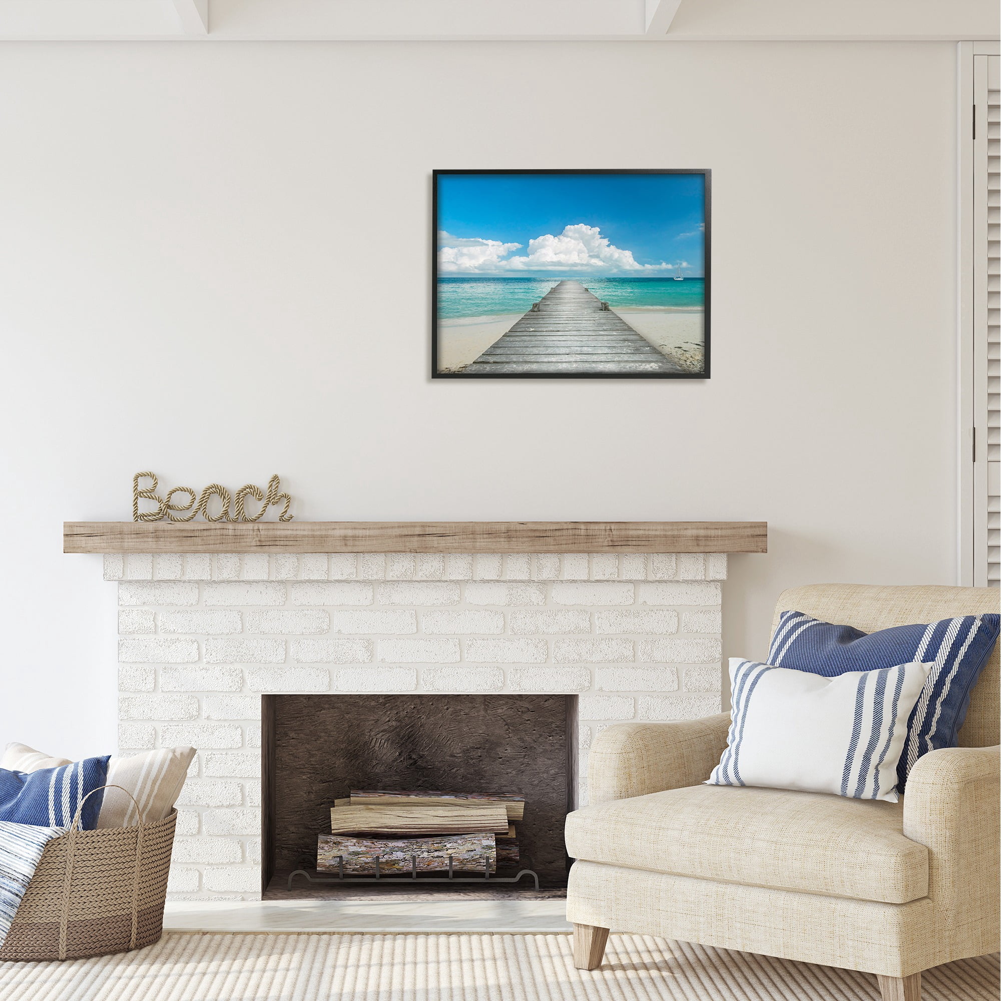 Stupell Industries Clear Blue Beach Sky Nature Photography Black Framed Art Print Wall Art, 30 x 24