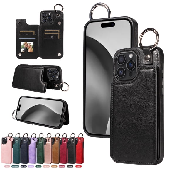 for iPhone 16 Pro Case with Card Slots, PU Leather Protective Shockproof Case with Ring Buckle, Magnetic Clasp Kickstand Cover for Women Men for iPhone 16 Pro - Black