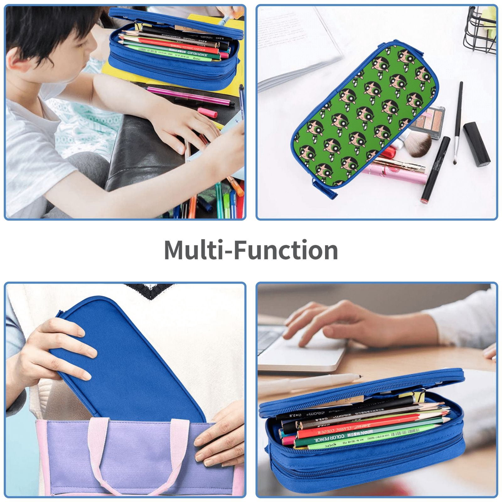 The Powerpuff Gi-rls Pencil Case Large Capacity Pencil Pouch Penbag Office Stationery Organizer Travel Makeup Bag Blue