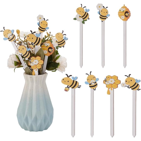 14 Pcs 7 Styles Bee Single-Sided Wooden Picks 6.9 Inch Wooden Honeybee Decorative Pick Colorful Bees Decor for Vase Fillers Farmhouse Multi-color