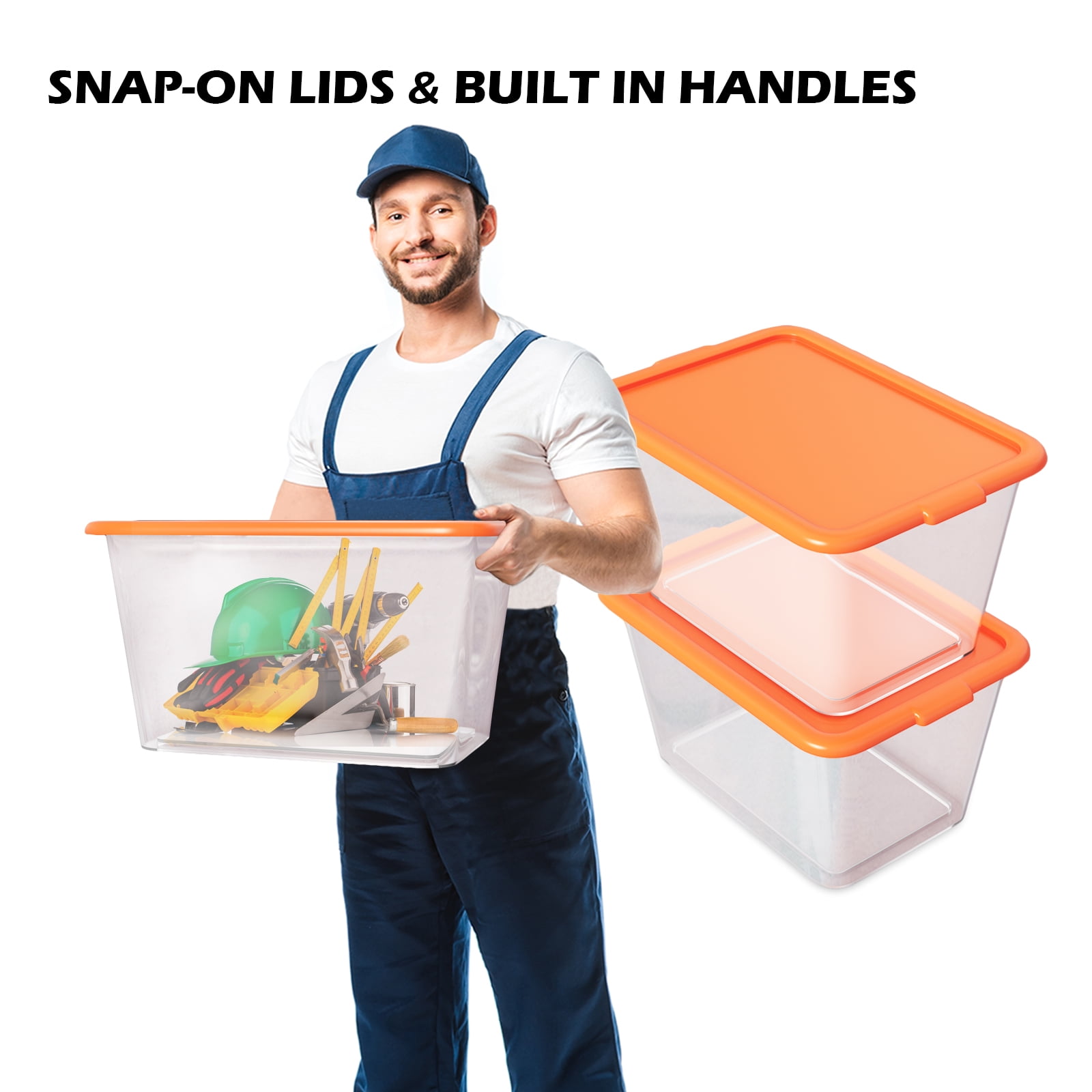 4-Pack 58-Quart Plastic Storage Bins with Lids, See-Through Plastic Totes, A, Stackable Totes, 14.5-Gallon (58-Quart) - Orange&Clear