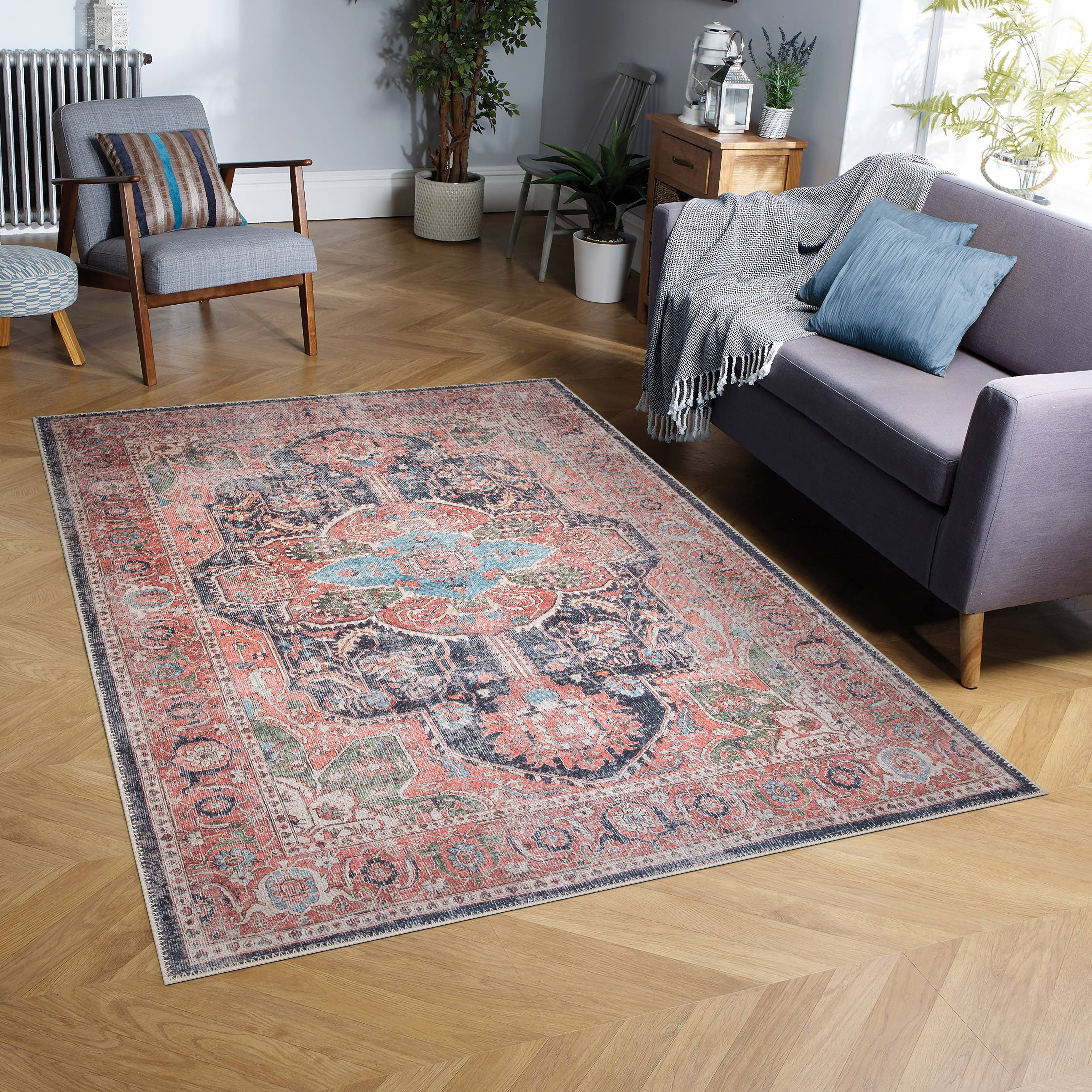 Adiva Rugs Machine Washable Area Rug with Non Slip Backing for Living Room, Bedroom, Bathroom, Kitchen, Printed Vintage Home Decor, Floor Decoration C Adiva Rugs Machine Washable Area Rug with Non Slip Backing for