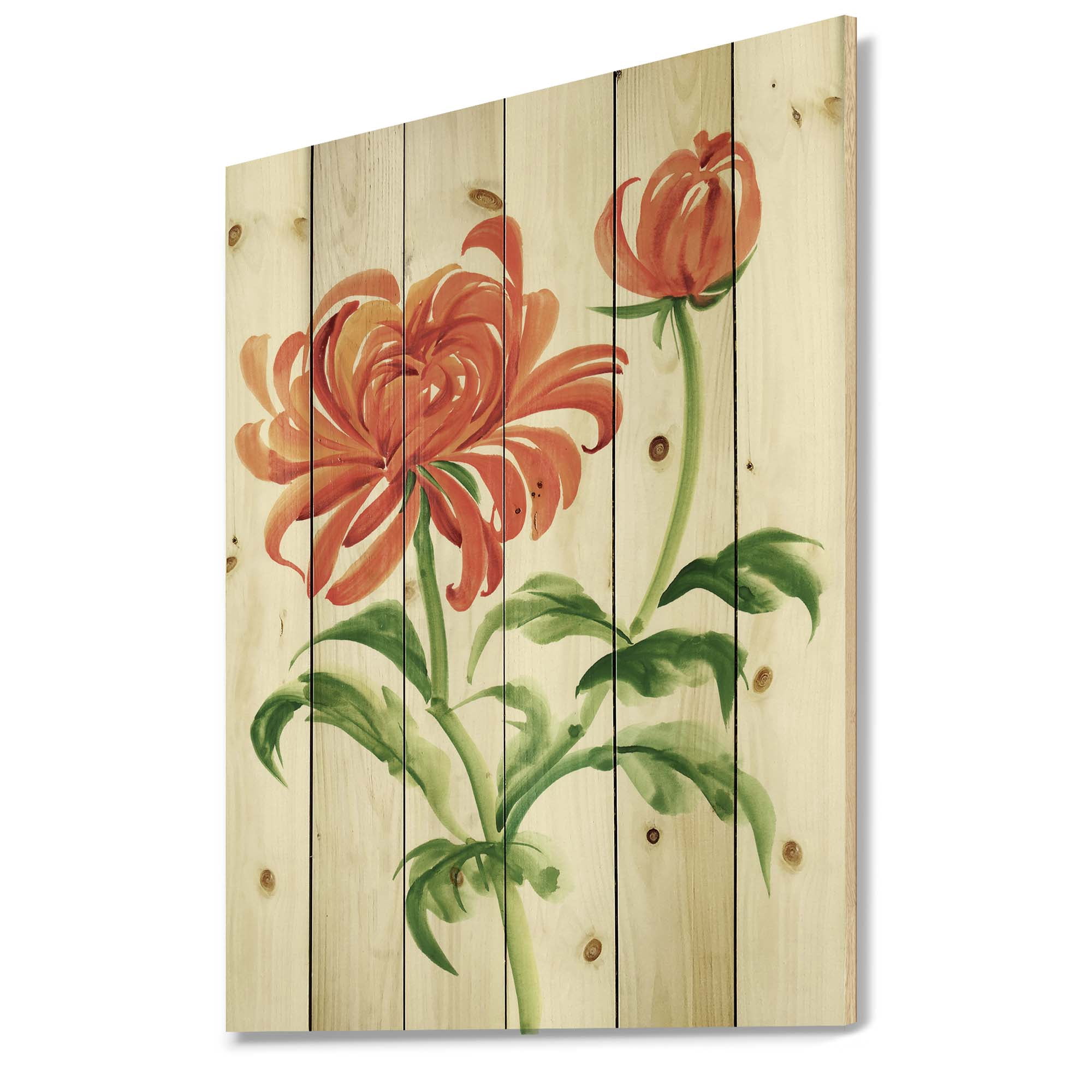 Designart 'Ancient Orange Chrysanthemum Flower' Traditional Print on Natural Pine Wood