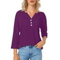 thumbnail image 5 of Viluyesy Women's 3/4 Sleeves T-Shirt V-Neck Button Shirt Tops Fashionable Relaxed Button Cotton Loose Blouse Purple Size S, 5 of 9