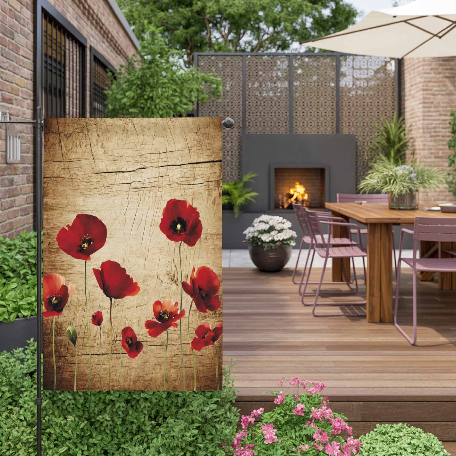 Red Flowers House Flag 28 x 40 Inches, Vintage Red Floral Brown Wood Grain Weather Proof Outdoor Patio Flags Double Sided Small House Decoration for Yard Lawn Outside Home