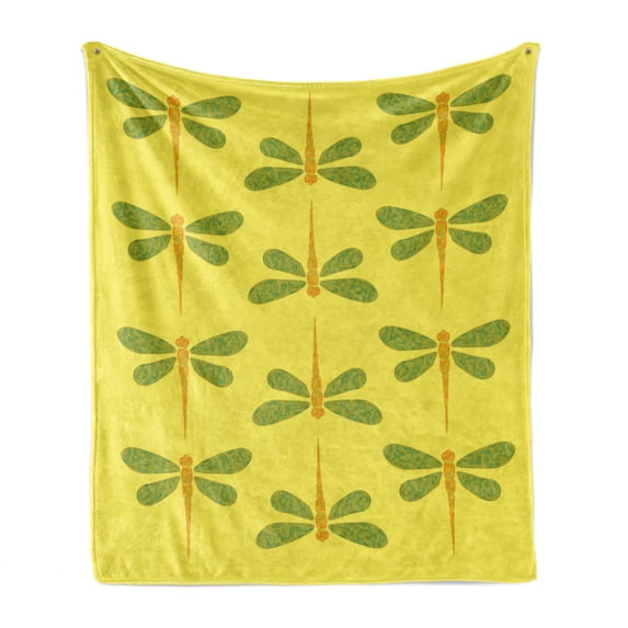 Dragonfly Soft Flannel Fleece Throw Blanket, Repetitive Nature Themed Pattern of Colorful Winged Insects Print, Cozy Plush for Indoor and Outdoor Use, 50" x 60", Yellow Orange and Green, by Ambesonne