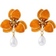 COVE Elegant Orange Flower Earrings for Women, Beautiful Tropical Faux Pearl Drops, Vibrant Statement Jewelry Matching Casual Summer Bohemian Outfits Perfectly