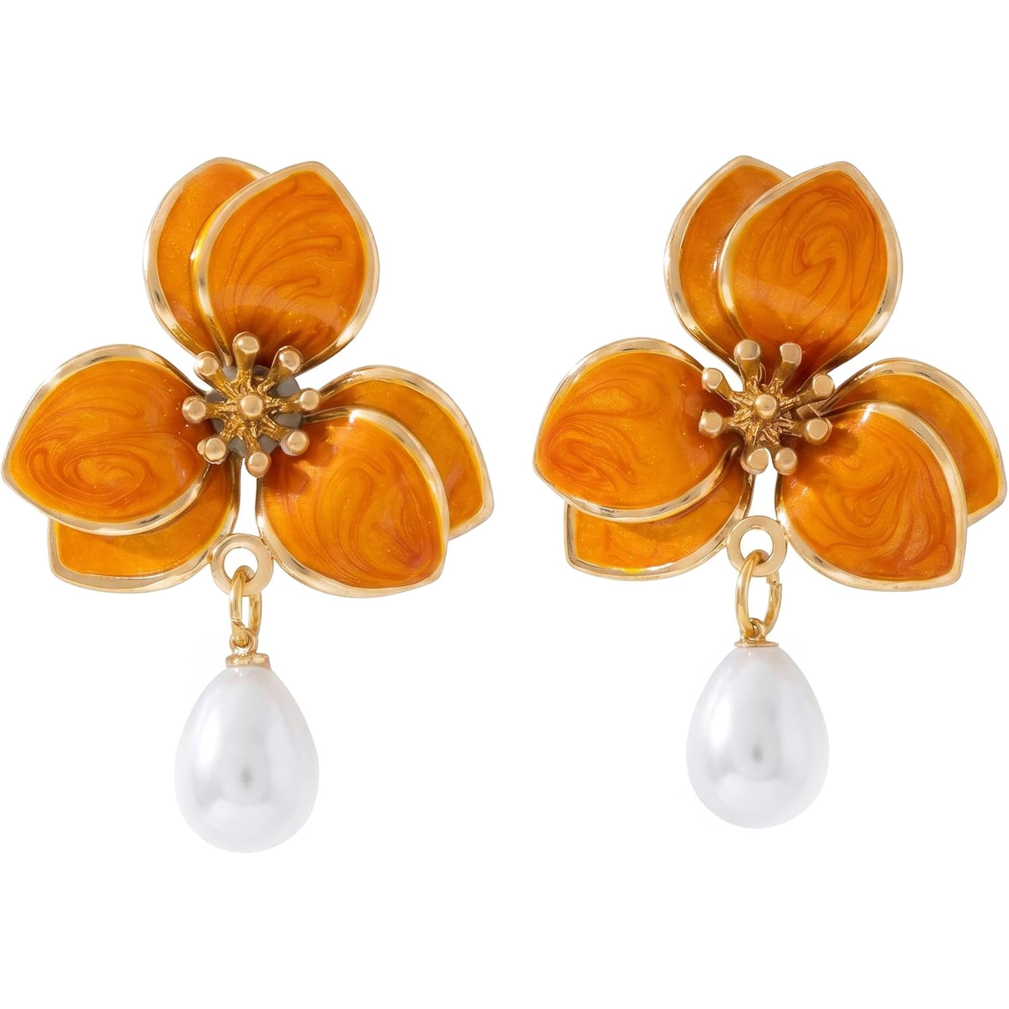 COVE Elegant Orange Flower Earrings for Women, Beautiful Tropical Faux Pearl Drops, Vibrant Statement Jewelry Matching Casual Summer Bohemian Outfits Perfectly