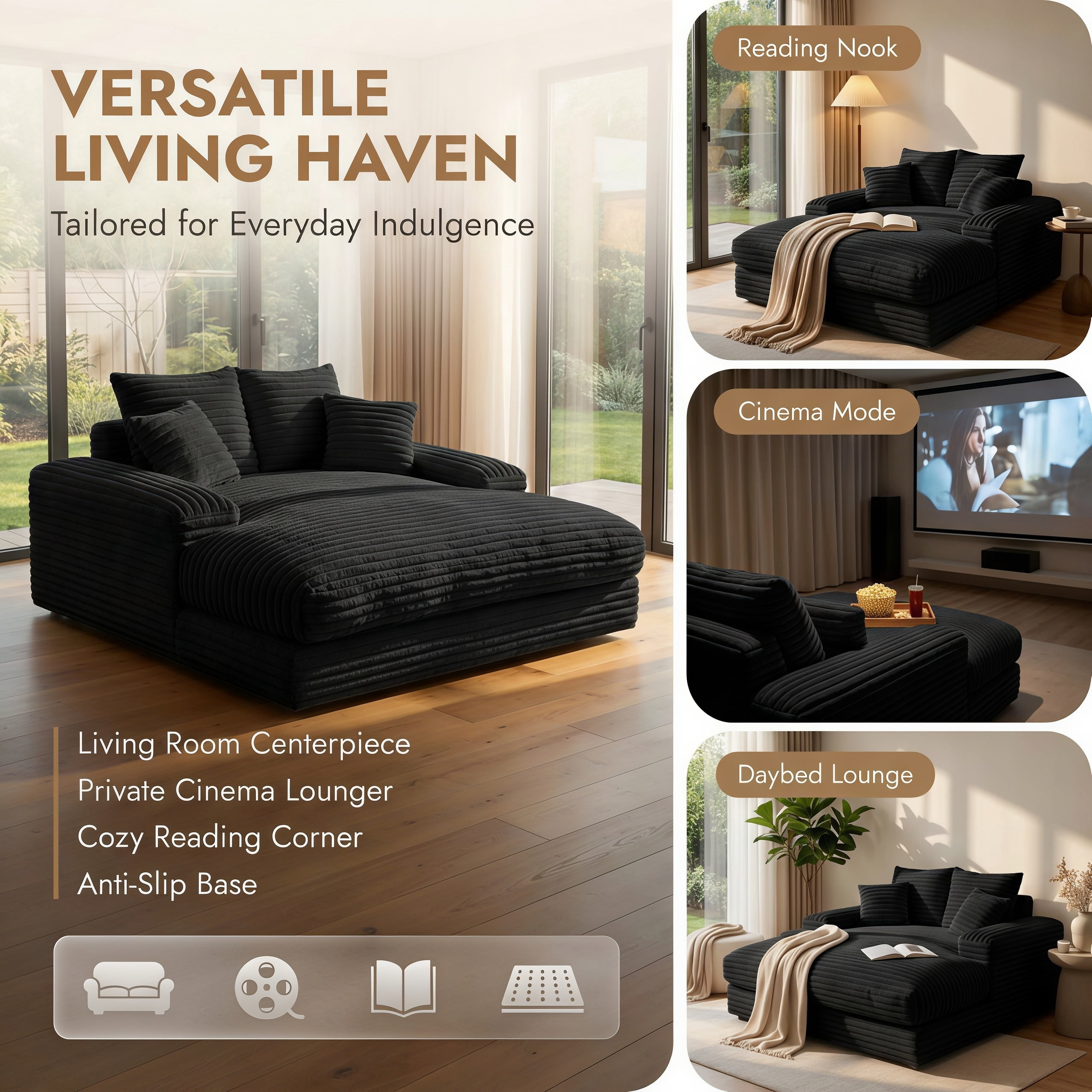 Modern Corduroy Oversized Chaise Lounge Chair, 66"Double Daybed Sofa Sleeper with 4 Pillows, No Assembly Cloud Couch for Living Room, Black