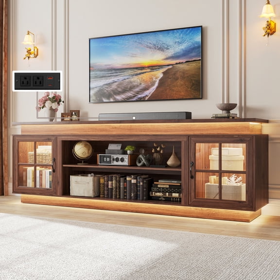 LED TV Stand for up 85" 90" TVs, Modern Entertainment Center with 40" Fireplace Space & Charging Station, Wooden Media Console with Glass Display Cabinets & LED Lights, Walnut