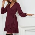 thumbnail image 4 of Lilgiuy Women Casual Solid Loose Straps Ruffled Hem Long Sleeve V-Neck Dress Wine Fall Dresses for 2022 Spring Winter, 4 of 5