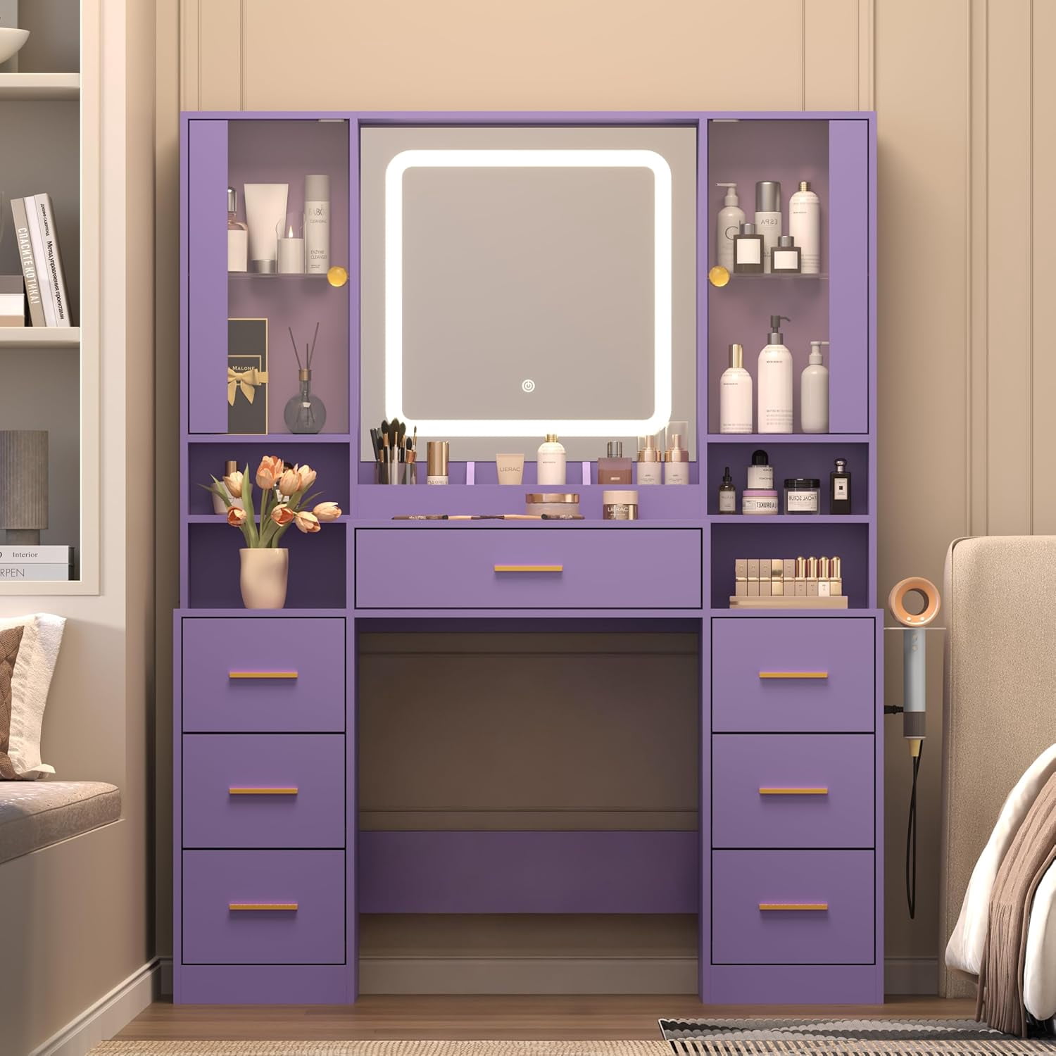 FANRAL Large Vanity Desk with LED Lighted Mirror & RGB Glass Cabinets,Built-in Charging Station & 7 Drawers,Modern Dressing Table for Bedroom Beauty Spaces,Purple Vanity