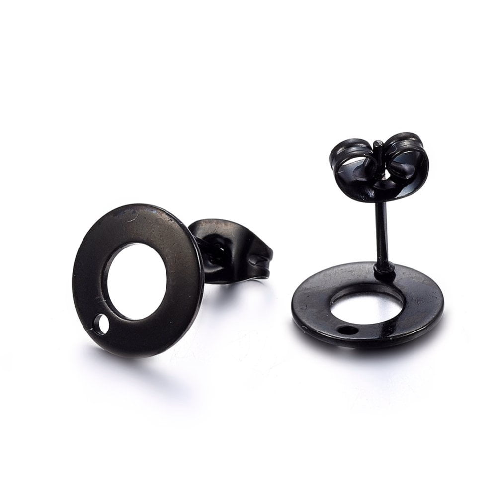 304 Stainless Steel Stud Earring Findings with Loop & Earring Backs Flat Round Electrophoresis Black 10x1mm Hole: 1.5mm Pin: 0.8mm
