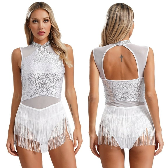 Aislor Women's Glitter Fringe Sequins Tassel Latin Jazz Dance Leotard Bodysuit Lyrical Dance Dress White M