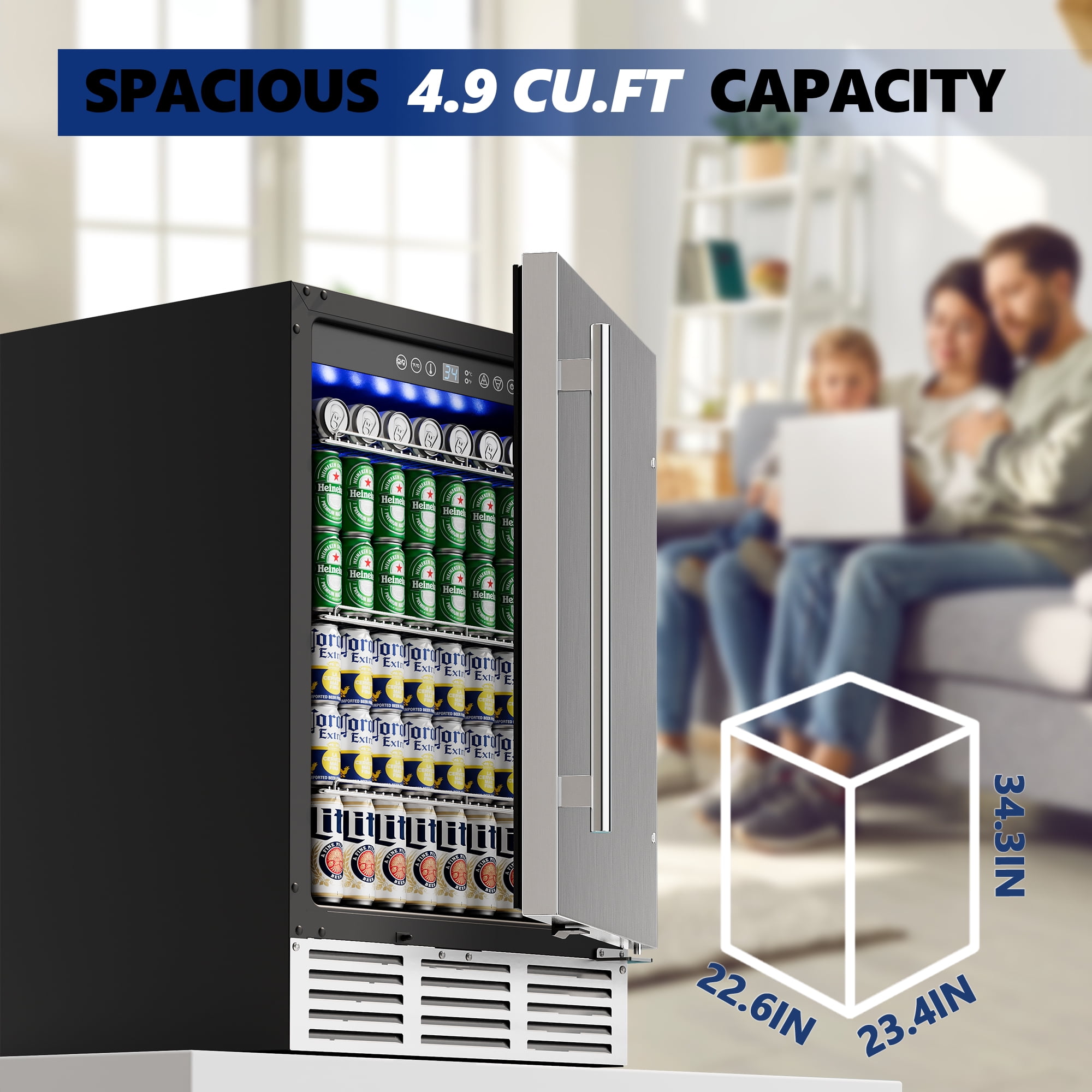 Simzlife 5 Cu.ft. Undercounter Freestanding Stainless Steel Door Beverage Refrigerator, 23.4 in W, 34.25 in H