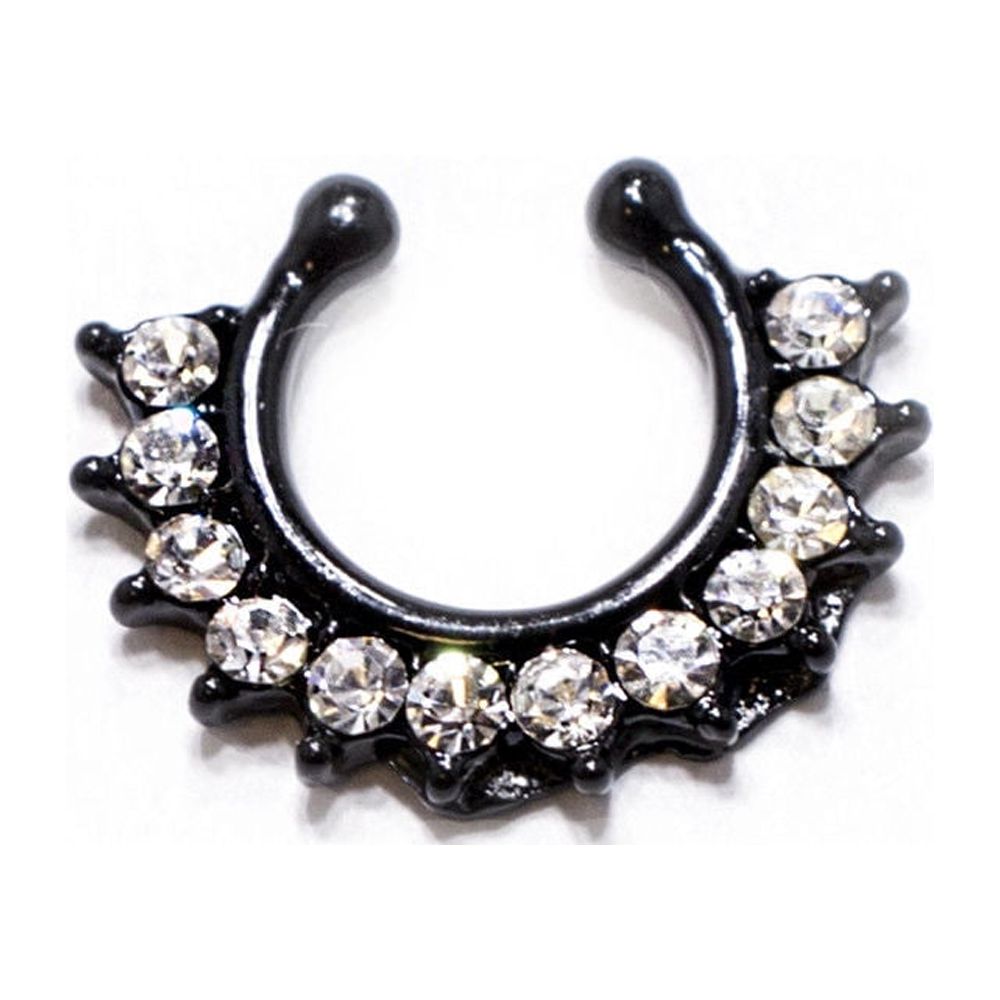 Faux Septum Ring Clicker No-Piercing Black Ion Plated with Set CZ Gems