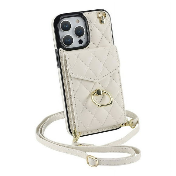 Phone Case With Adjustable Ring Holder Lanyard Wallet Bag Phone Case Protective Shockproof Leather Case For IPhone 15 off white iPhone15