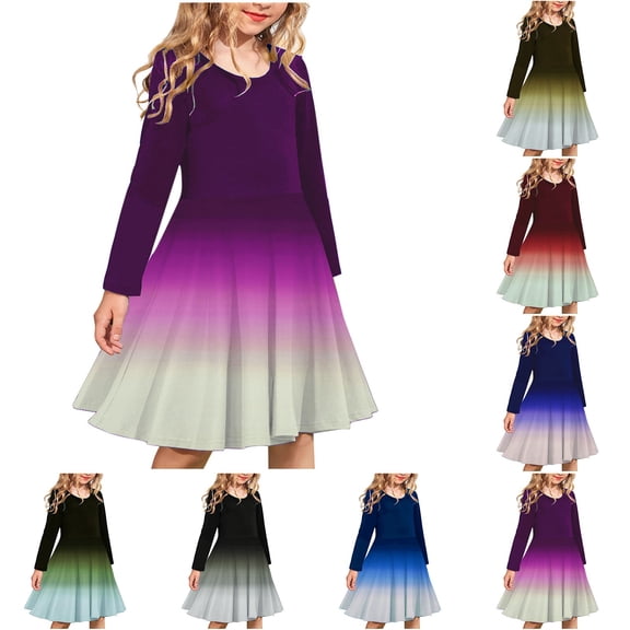 SROBPTY Teen Girls Dresses Print Crew Neck Long Sleeve Gradient Dance Mid-Length Sundress for 4-14Y