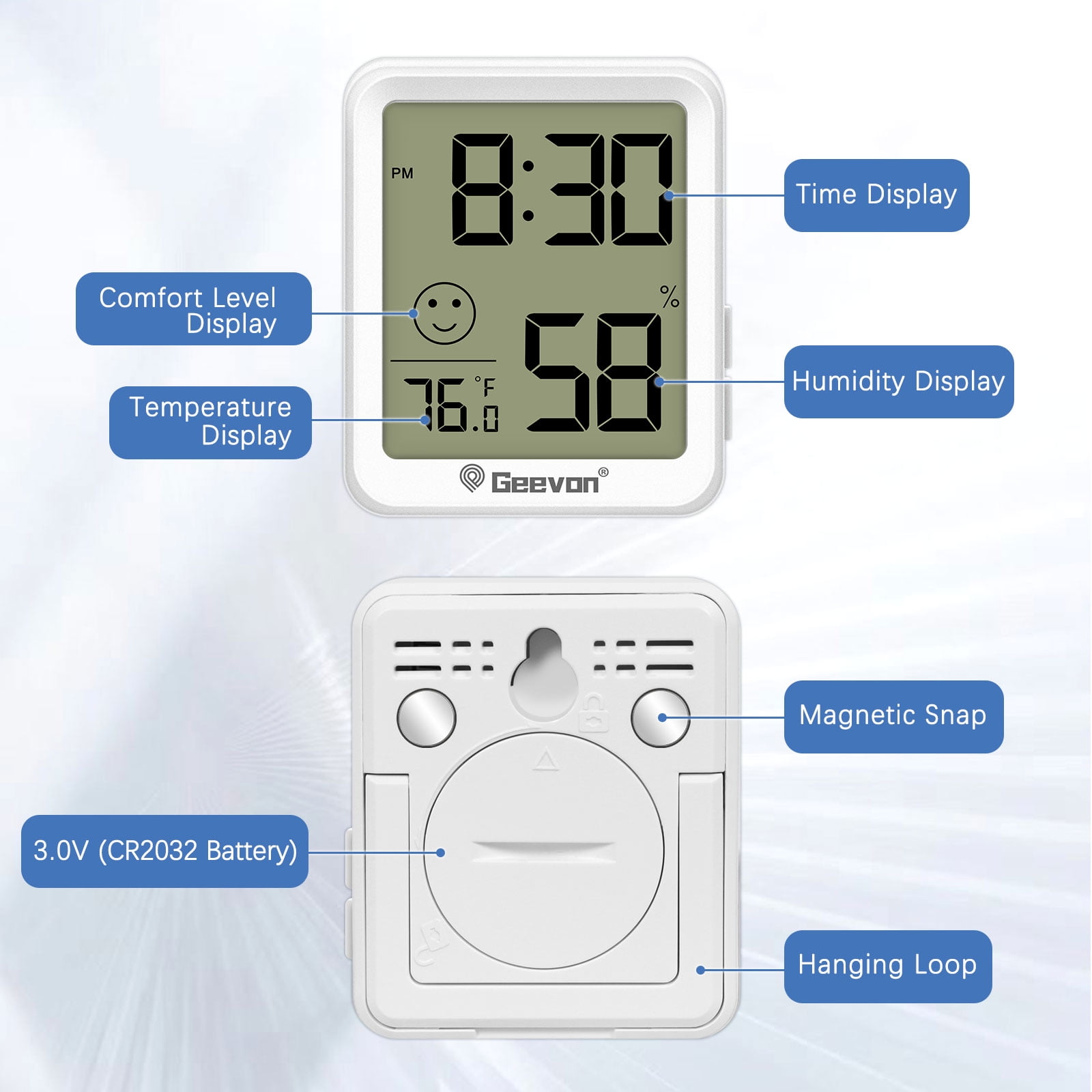 Geevon 6 Pack Digital Hygrometer Indoor Thermohygrometer, Room Thermometer Humidity Meter with Time for Home, Bedroom, Baby Room, Office, Greenhouse, Cellar (White)
