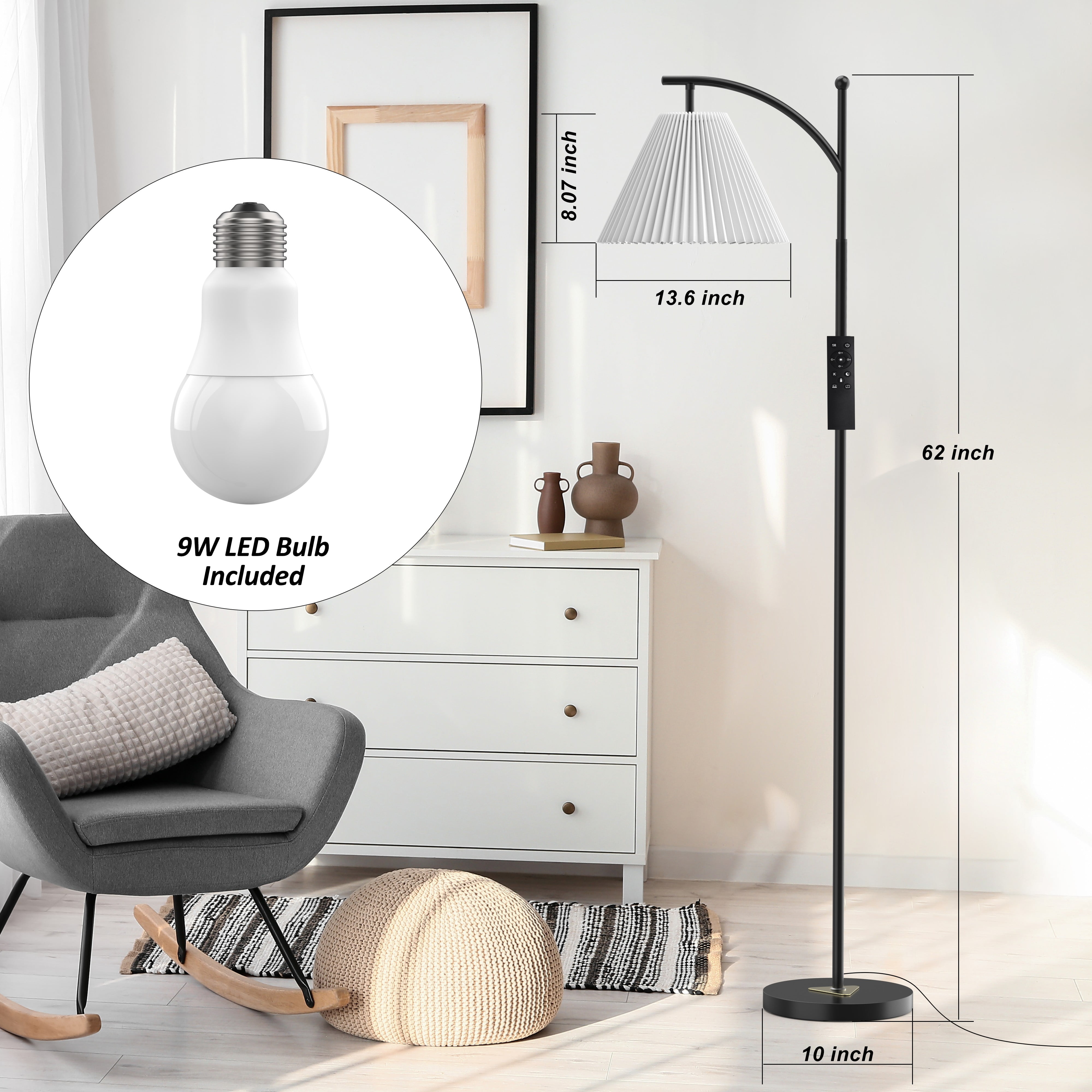 Remote & Foot Control Floor Lamp - 3-Way Dimmable LED with Green Pleated Shade, 62''Modern Standing Lamp for Living Room/Bedroom