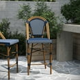 thumbnail image 6 of Merrick Lane Set of Two Stacking French Bistro Counter Stools with Navy and White PE Seats and Back and Bamboo Finished Metal Frames for Indoor/Outdoor Use, 6 of 12