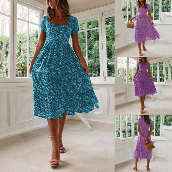 YuXingFu formal Dresses for Women Maxi Crew Neck Plus Size Womens Dress Short Sleeve Solid Color Long Casual Summer Purple S