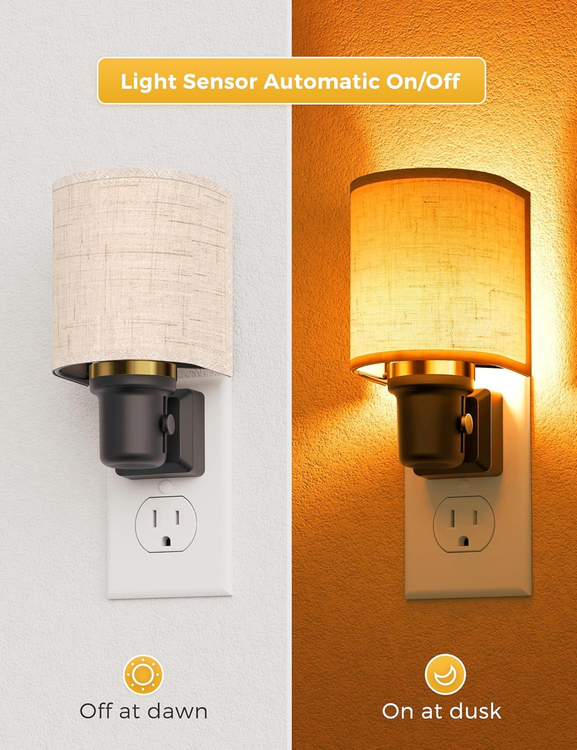 RGHJAR-Amber Night Lights Plug into Wall, Plug in Night Light Dimmable, Farmhouse Decorative Nightlights Plug in Wall, Light Sensor, Linen Fabric Yellow Nightlight for Bedroom Hallway, 1 Pack