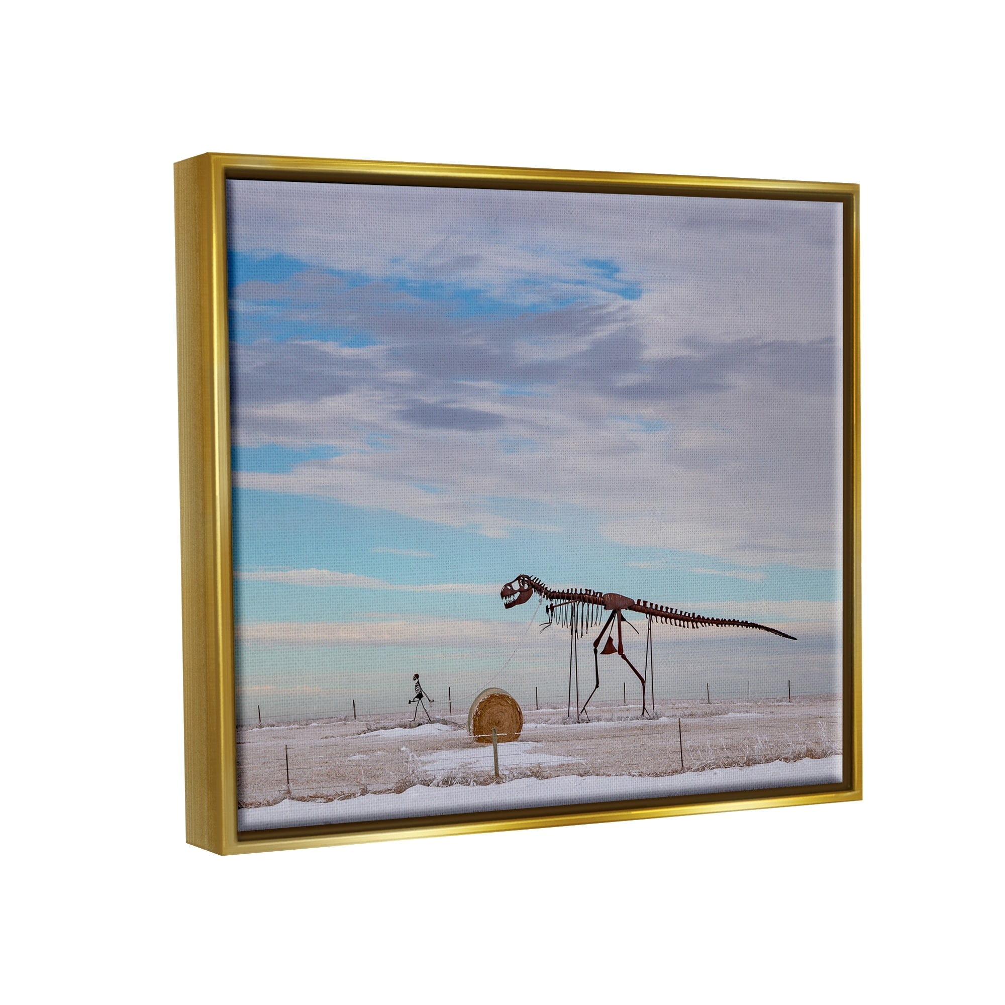 Stupell Industries Person Walking Dinosaur Skeleton Beach Sand Dunes Photograph Metallic Gold Floating Framed Canvas Print Wall Art, Design by Jeff Poe Photography