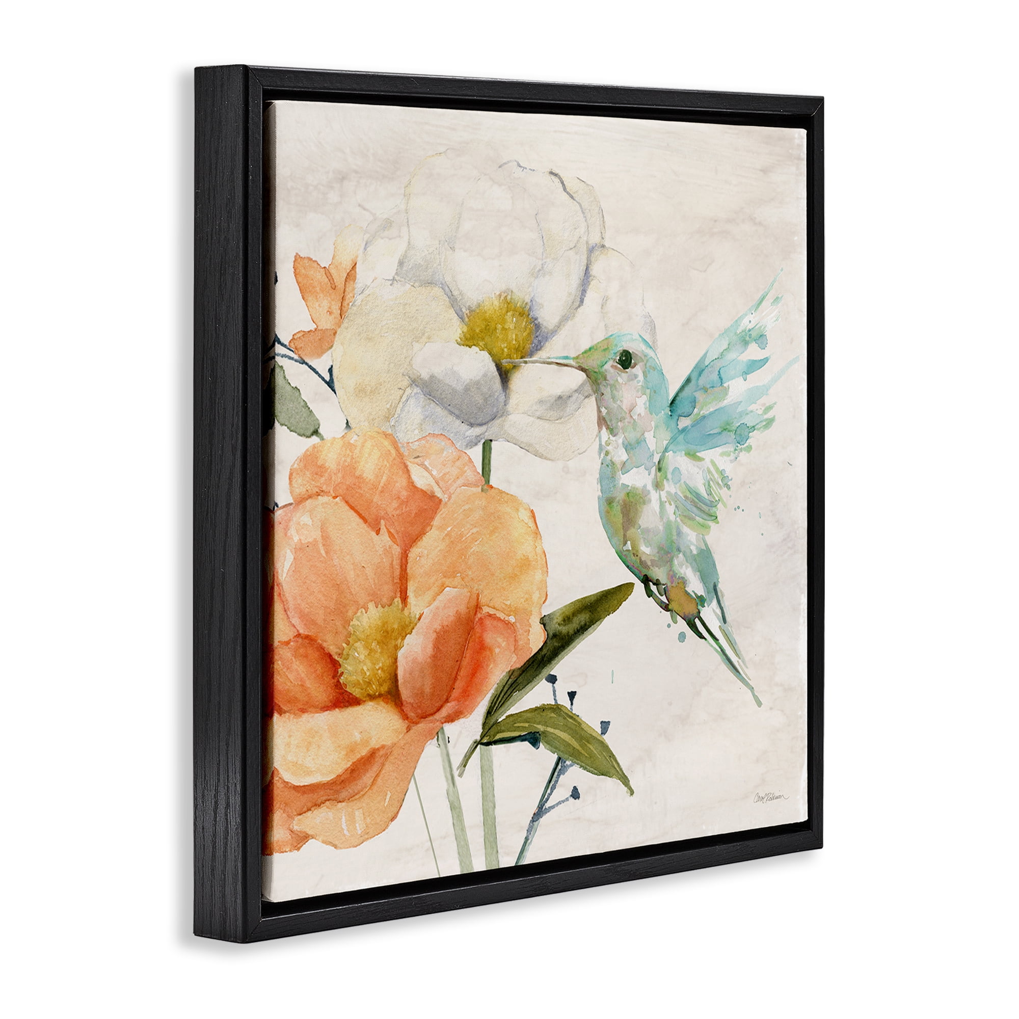 Stupell Industries Hummingbird & Flower Nectar Plants & Flowers Painting Black Floater Framed Canvas Art Print Wall Art, 25 x 25