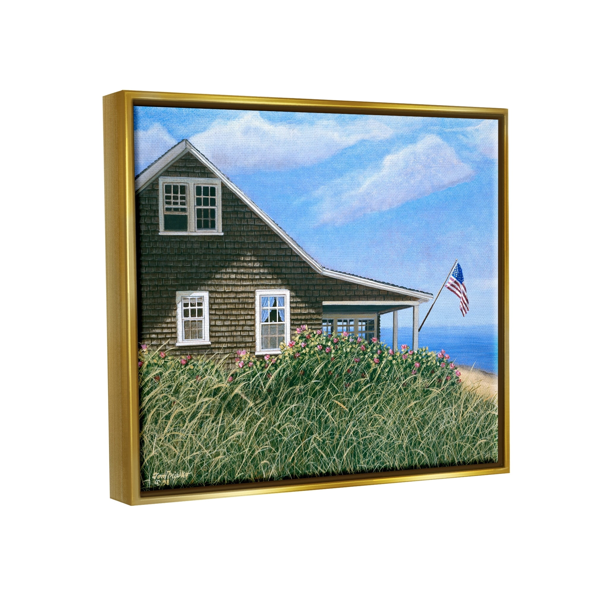 Stupell Industries Seaside House American Flag Peaceful Coastal Home Painting Metallic Gold Floating Framed Canvas Print Wall Art, Design by Tom Mielko