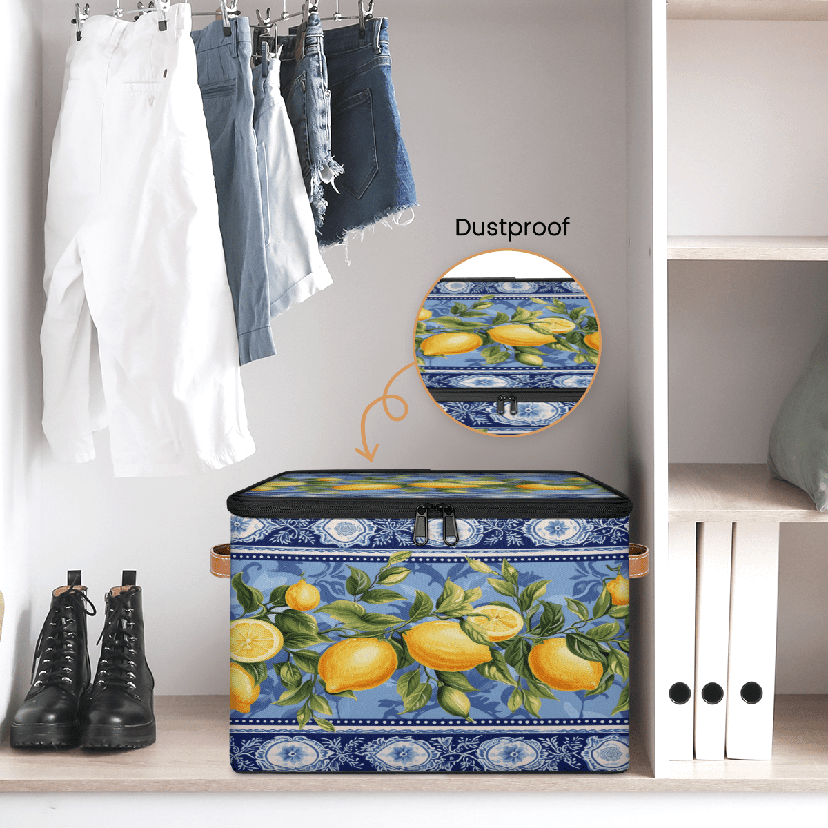 ADECORIVY Blue Lemon Storage Bin with Zipper Lid, Fabric Foldable Shelf Baskets Boxes, Closet Lidded Storage Bins, Decorative Clothes Organizer for Bedroom Home