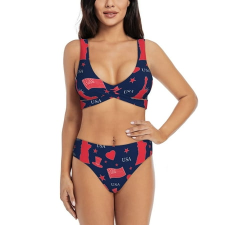 Zeuib The Statue Of Liberty High Waisted Tummy Control Bikini Set - Knot Front Push Up Top & Cheeky Thong Bottom  Two-Piece Swimsuit for Women-Large