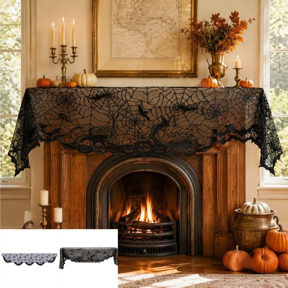 Halloween Web Brocade Fireplace Mantel Scarf, European Lace Spiderweb Tablecloth Runner, Fabric Cover for Home Dining Table Room Decor, Lazyguy