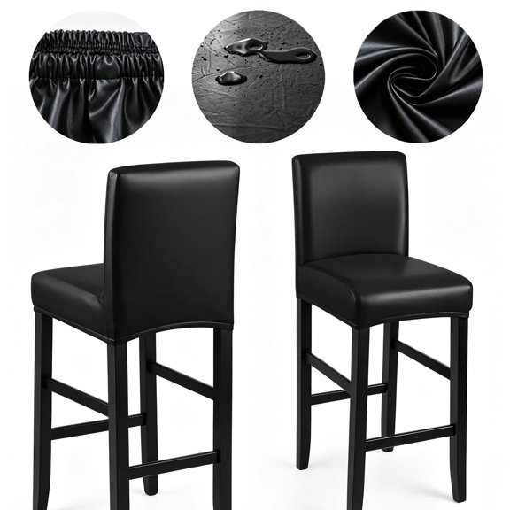 FGHAWQOW 2 Pack Black Stretch PU Bar Stool Covers, Waterproof Washable Removable Slipcover with Elastic Bands, Durable High Bar Chair Protector for Home Kitchen